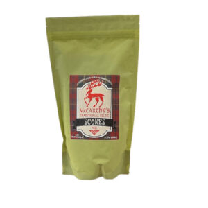 alt= green bag of scone mix with a red deer on a white background