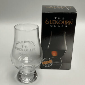 alt= glencairn with engraved phrase water of life sitting next to glencairn box on a grey background