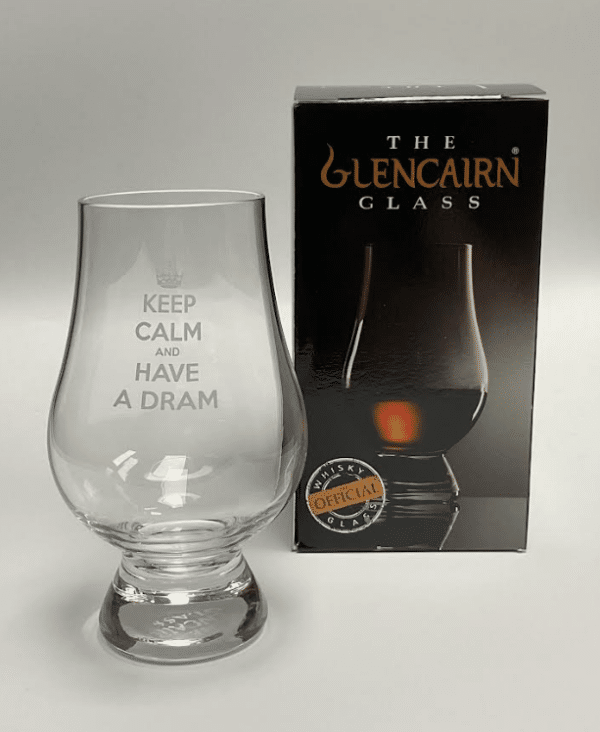 alt= glencairn engraved with keep calm and have a dram sitting next to glencairn box on a grey background