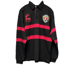 alt= a black redstag pub rugby shirt with red stripes and a stitched family crest