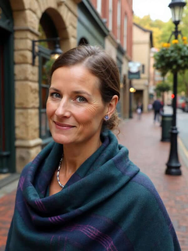 Smiling Irish woman in a wool shawl wears silver Celtic Bethlehem Star stud earrings with intricate knotwork on a cobblestone path.