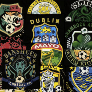 alt= a collection of black tee shirts depicting the logos of the IFFL