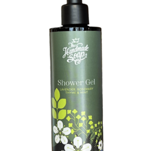 alt= green bottle of shower gel with a black top and a floral pattern on a white background