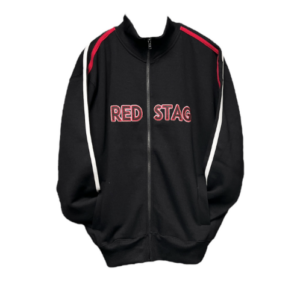 alt= a black redstag pub sport jacket with stitched text