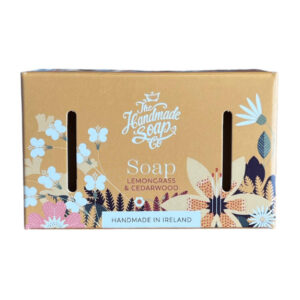 alt= tan box of soap with floral pattern on a white background