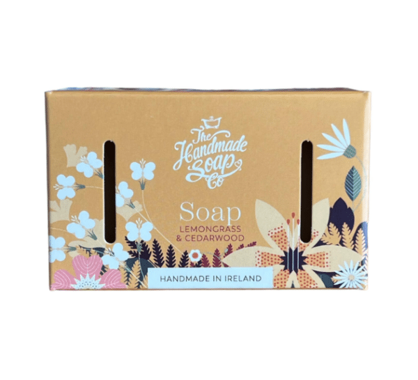 alt= tan box of soap with floral pattern on a white background