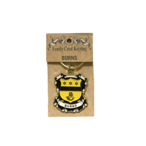 alt= a family crest keychain depicting the Burns family crest
