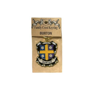 alt= a family crest keychain depicting the Burton family crest