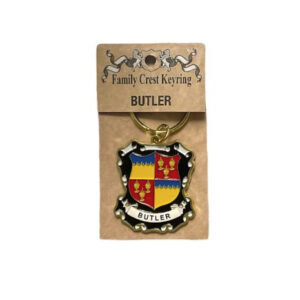 alt= a family crest keychain depicting the Butler family crest