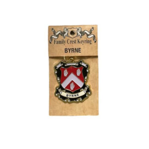 alt= a family crest keychain depicting the Byrne family crest