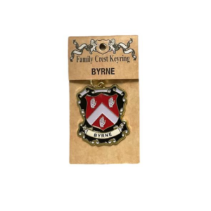 alt= a family crest keychain depicting the Byrne family crest