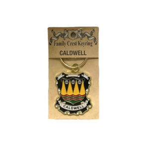 alt= a family crest keychain depicting the Caldwell family crest