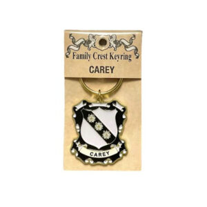alt= a family crest keychain depicting the Carey family crest