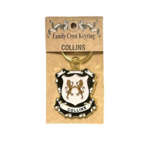 alt= a family crest key chain depicting the Collins family crest