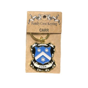 alt= a family crest keychain depicting the Carr family crest