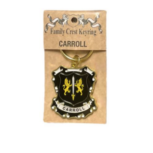 a family crest keychain depicting the Carroll family crest