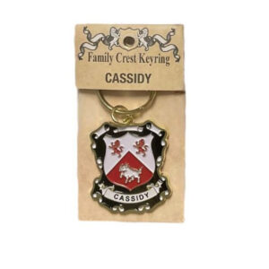 alt= a family crest keychain depicting the Cassidy family crest