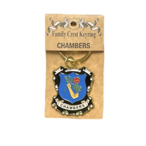 alt= a family crest keychain depicting the Chambers family crest