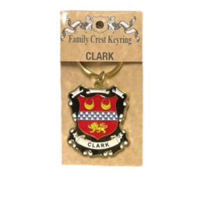 alt= family crest keychain depicting the Clark family crest