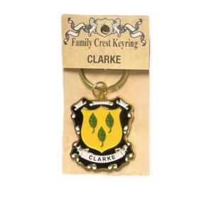 alt= family crest keychain depicting the Clarke family crest
