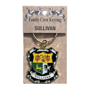 alt= a family crest keychain depicting the Sullivan family crest
