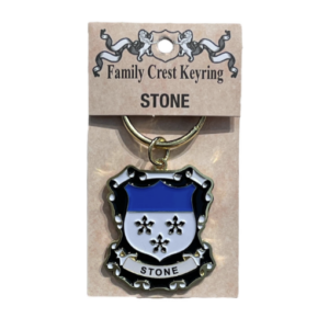 alt= a family crest keychain depicting the Stone family crest