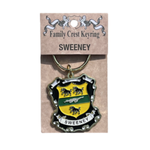 alt= a family crest keychain depicting the Sweeney family crest