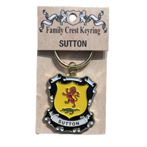 alt= a family crest keychain depicting the Sutton family crest