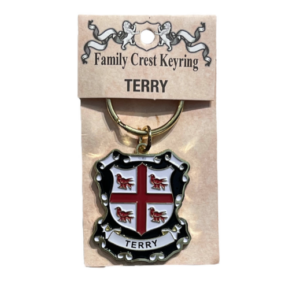 alt= a family crest keychain depicting the Terry family crest