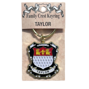 alt= a family crest keychain depicting the Taylor family crest