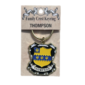 alt= a family crest keychain depicting the Thompson family crest