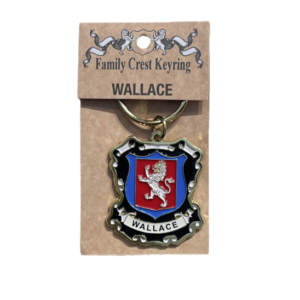 alt= a family crest keychain depicting the Wallace family crest