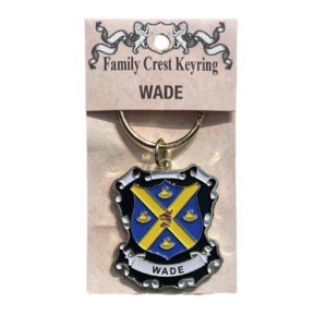 alt= a family crest keychain depicting the Wade family crest