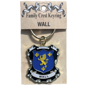alt= a family crest keychain depicting the Wall family crest