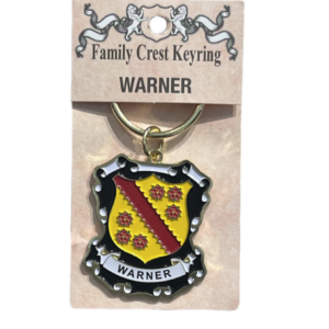 alt= a family crest keychain depicting the Warner family crest