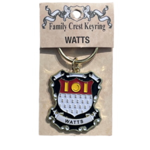 alt= a family crest keychain depicting the Watts family crest