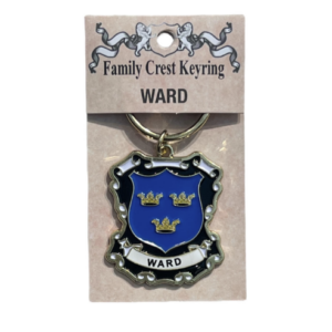 alt= a family crest keychain depicting the Ward family crest