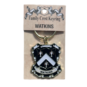 alt= a family crest keychain depicting the Watkins family crest