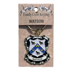 alt= a family crest keychain depicting the Watson family crest