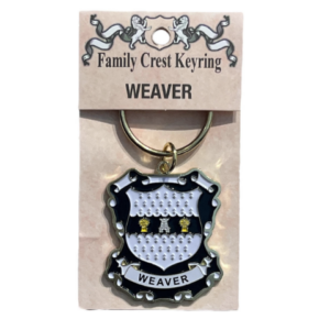 alt= a family crest keychain depicting the Weaver family crest