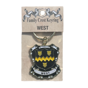 alt= a family crest keychain depicting the West family crest