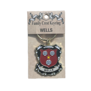 alt= a family crest keychain depicting the Wells family crest