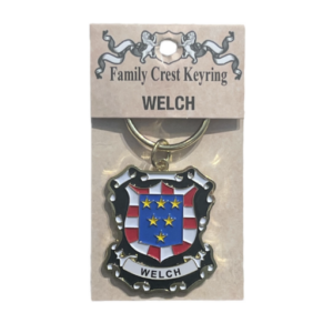 alt= a family crest keychain that depicting the Welch family crest