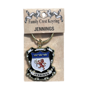 alt= a family crest keychain depicting the Jennings family crest