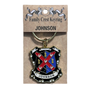 alt= a family crest keychain depicting the Johnson family crest