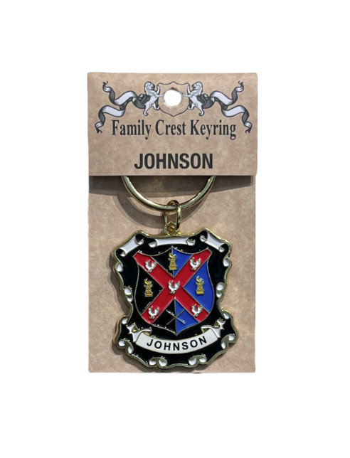alt= a family crest keychain depicting the Johnson family crest