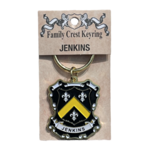 alt= a family crest keychain depicting the Jenkins family crest