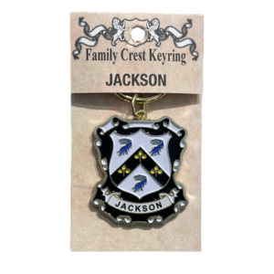 alt= a family crest keychain depicting the Jackson family crest