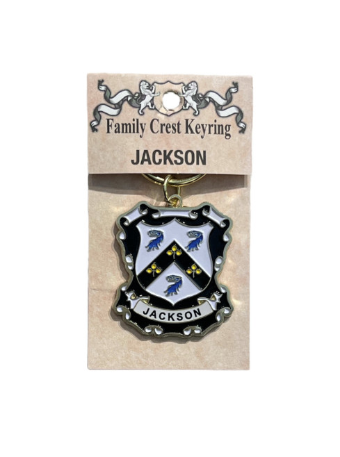 alt= a family crest keychain depicting the Jackson family crest