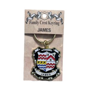 alt= a family crest keychain depicting the James family crest